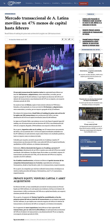Mercado transaccional de A. Latina moviliza un 47% menos de capital hasta febrero
